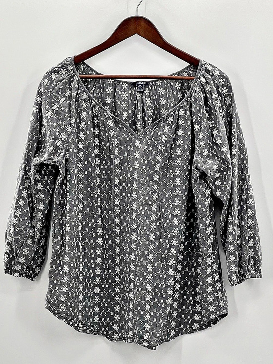 Chaps Tops - 540 Chaps Floral Blouse in Gray & White Size Large